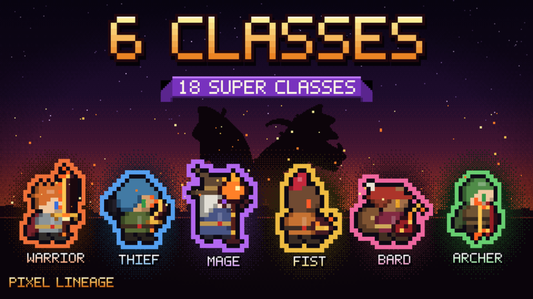 Official Pixel Lineage artwork showing Warrior, Thief, Mage, Fist, Bard and Archer