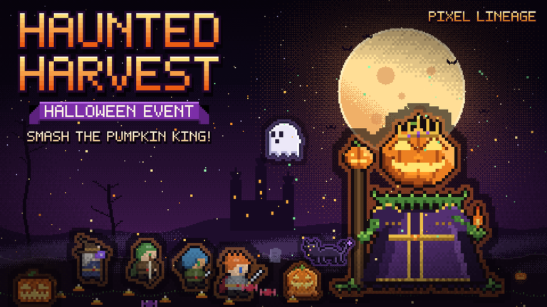 Official Haunted Harvest artwork showing the Pumpkin King and Pixel Lineage heroes
